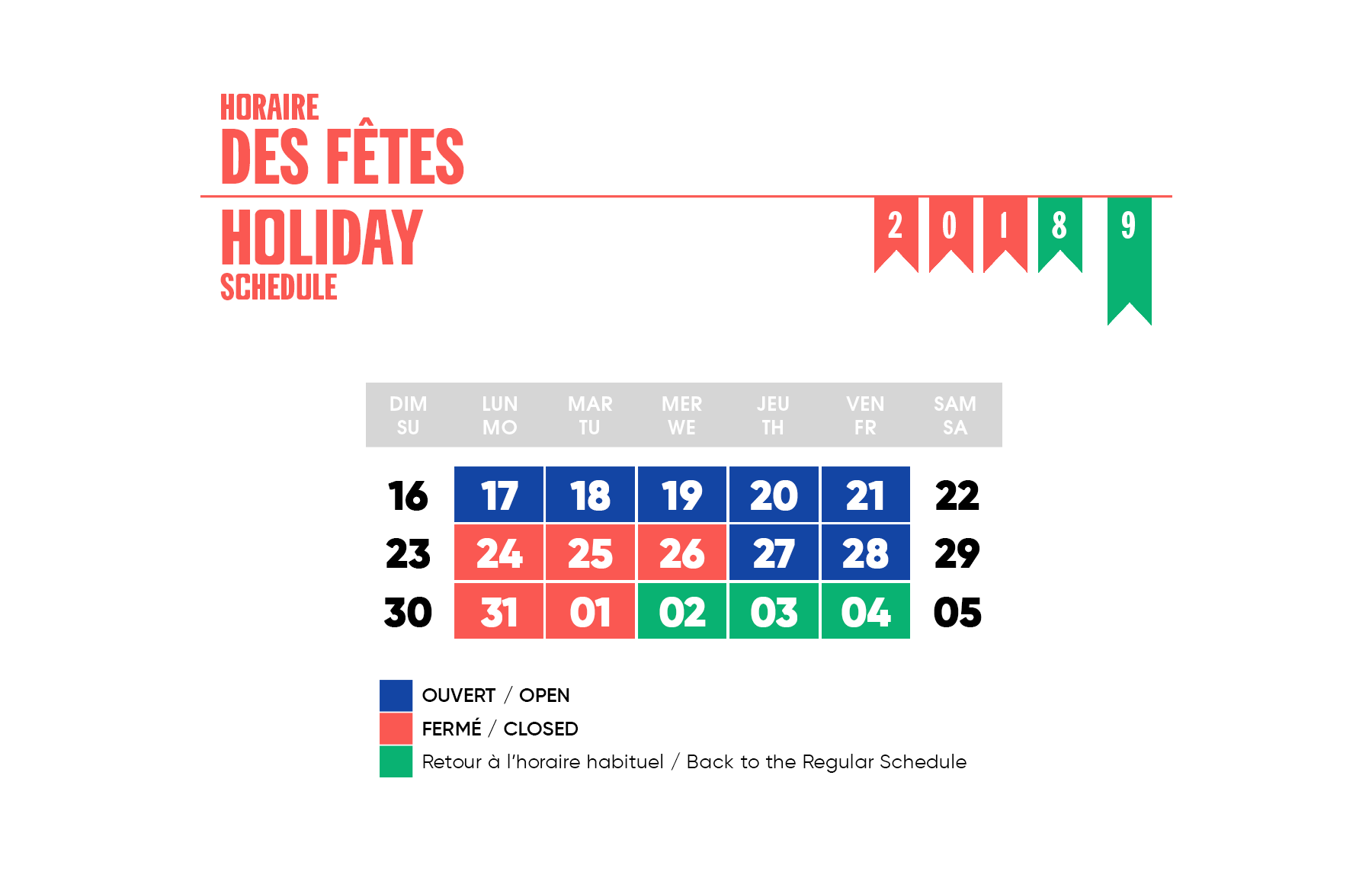 Horaire des fêtes 2018-2019